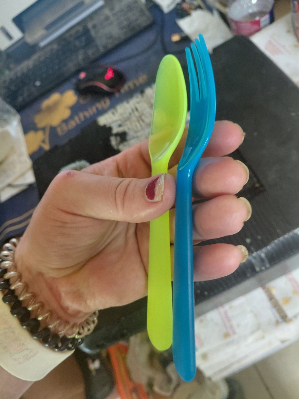 Reusable Blue & Lime Plastic Fork and Spoon Set - Unbranded